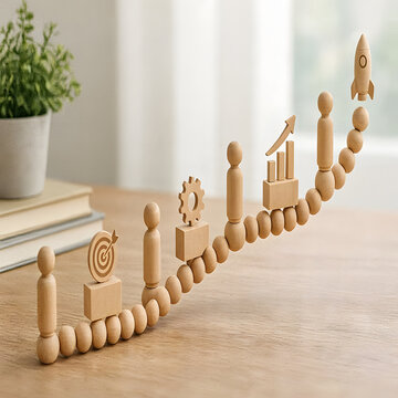 Wooden business growth concept with human figures, gears, target, bar charts and upward rocket arranged on a curved path