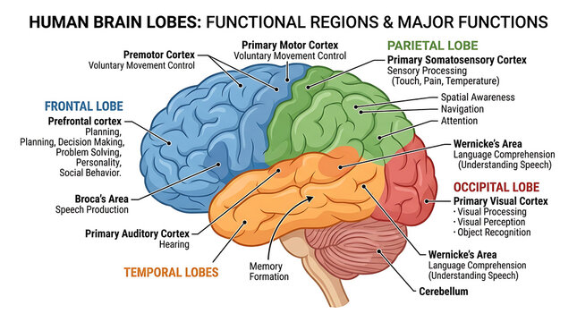 Detailed anatomical illustration of the human brain lobes and their functional regions including cognitive processes and motor control
