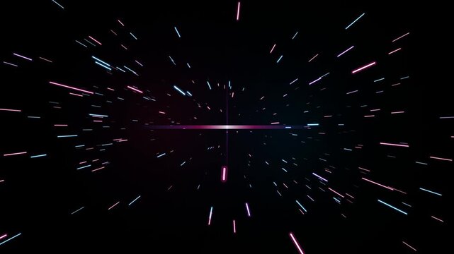 Hyper speed travel through space with neon glowing light streaks on black background.