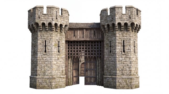 Detailed Medieval Castle Entrance Gate With Stone Towers and Wooden Portcullis Fortification Isolated on White Background