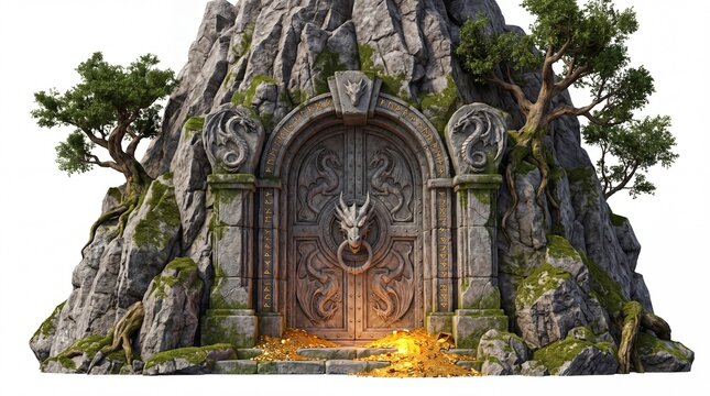 Ancient Stone Dragon Gateway Entrance Surrounded by Mountainous Rocks and Golden Treasure