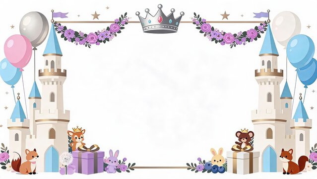 Cute cartoon castle birthday party frame with animals and balloons