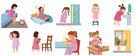 Fototapeta premium Set of little girl doing morning routine activities in pajamas illustration