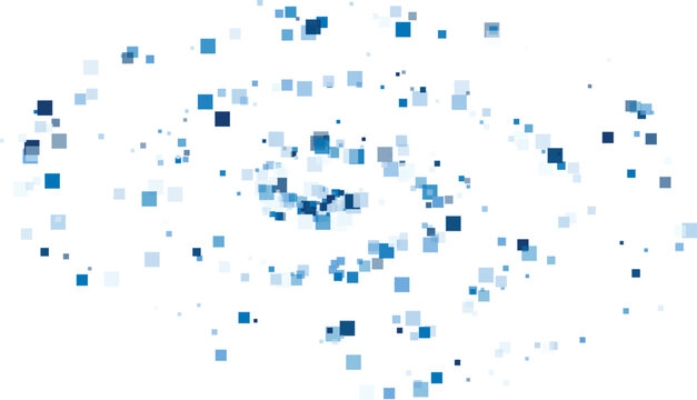 Abstract blue squares and dots swirling in a light background with copy space for design