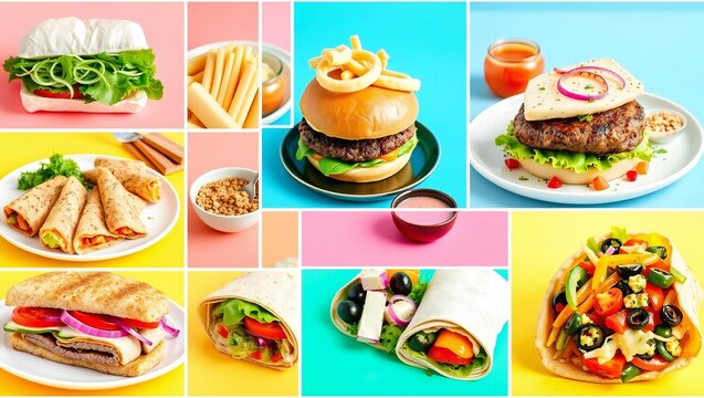 Collage of delicious fast food meals including burgers wraps sandwiches and salads on colorful vibrant backgrounds