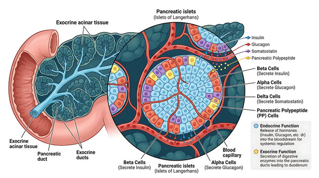 Detailed anatomical illustration of the human pancreas showing exocrine acinar tissue and endocrine pancreatic islets of Langerhans
