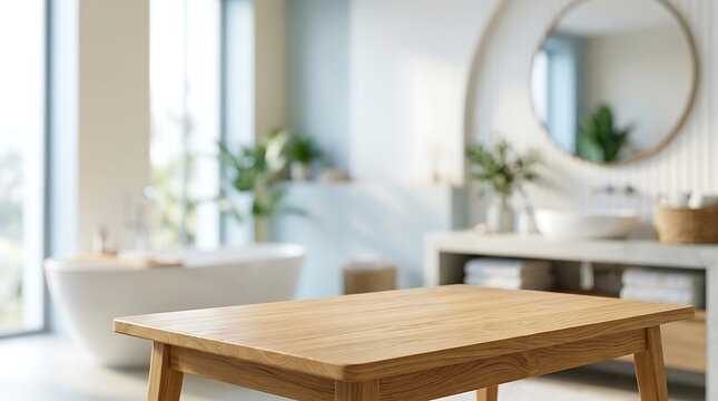 Empty Wooden Table Mockup in Modern Bright Bathroom Interior for Product Display Backdrop Presentation Background Scene