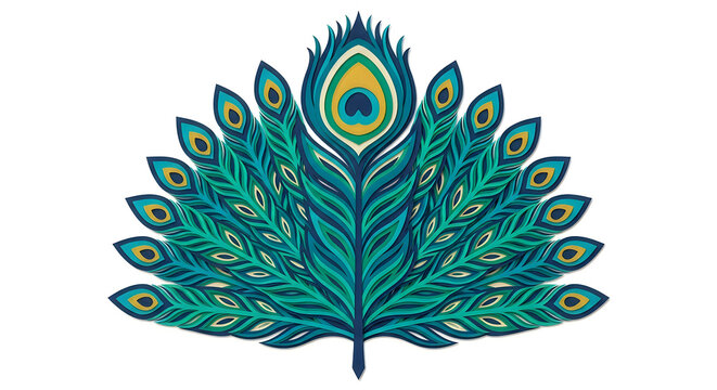 Stylized peacock feather fan illustration isolated on a white background