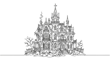 Naklejka premium Haunted Gothic Mansion Continuous One Line Art – Spooky Halloween Vector Illustration
