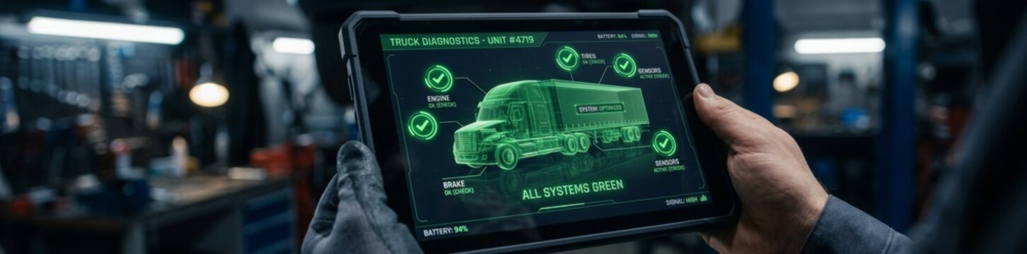 Mechanic Using Digital Tablet for Advanced Truck Diagnostic System Inspection
