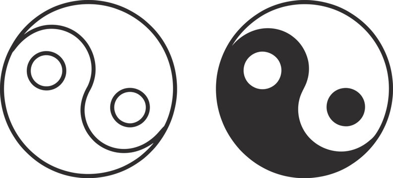 Yin yang icon in stroke and solid black editable vector styles for balance, harmony, spirituality, philosophy, and wellness designs.