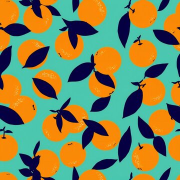 Seamless pattern with orange citrus fruits and dark blue leaves on a bright light green background