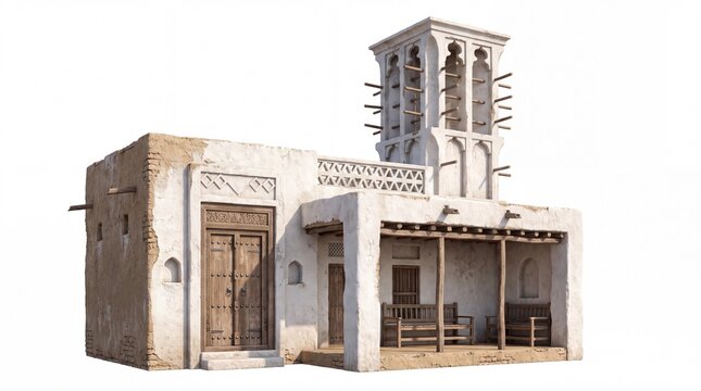 Traditional Middle Eastern Barjeel Wind Tower House Architectural Structure Isolated on White Background