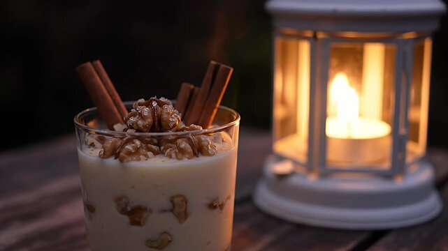 Walnut cinnamon pudding near warm candle lantern.