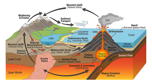 Detailed Geological Diagram Illustrating the Rock Cycle with Tectonic Plates and Volcanic Activity