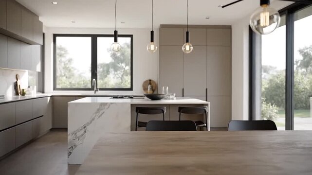 Modern Luxury Kitchen Interior Design with Island and Dining Area.