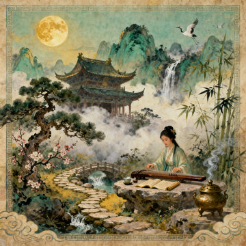 Ancient Chinese Lady Plays Guqin Under Full Moon