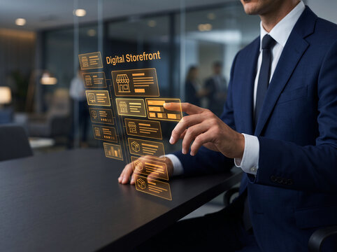Businessman interacting with digital storefront interface for retail management in advanced workspace setting showing ecommerce platform visualization.