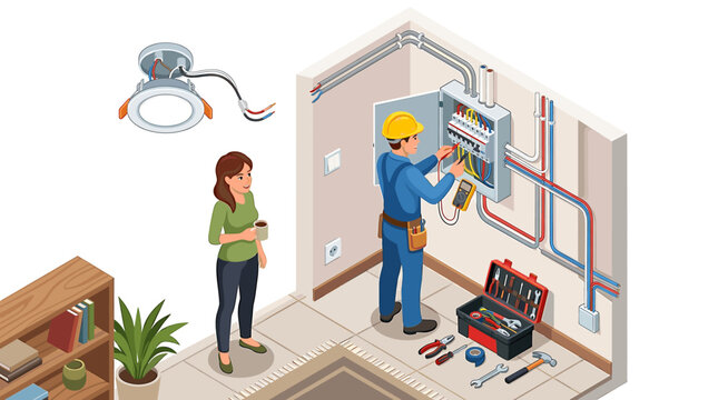 Isometric illustration of an electrician working at a switchboard