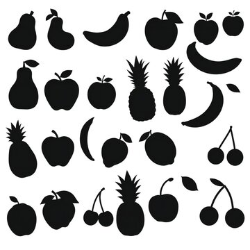 Set of fresh fruit silhouettes including apple banana pineapple pear and cherry icons