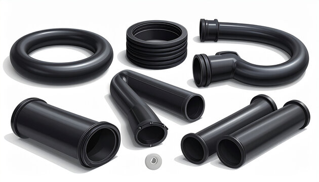 Assorted Black Plastic Plumbing Pipes and Fittings
