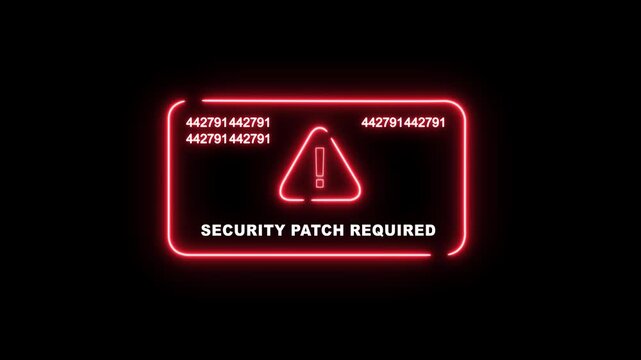 Cyber security alert notification featuring a glowing red neon warning triangle and the text security patch required with rapidly changing digital data code sequences on a dark black background