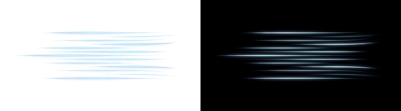 Blue light horizontal lines curving with a fast motion speed effect for futuristic technology theme designs offering PNG, Transparent and Black Background Versions