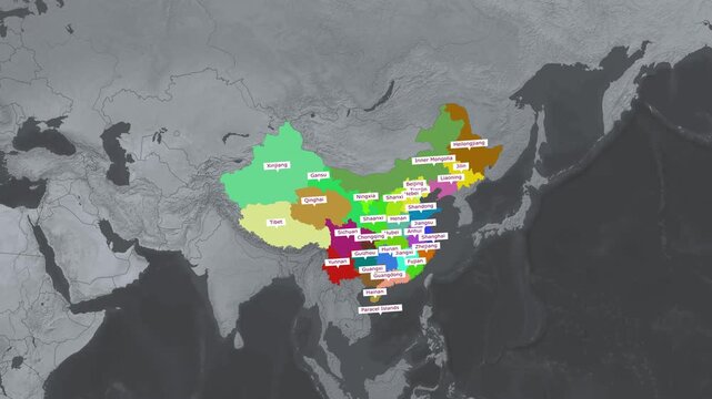3D Animated Map of China Highlighting Provinces, Autonomous Regions, and World Location