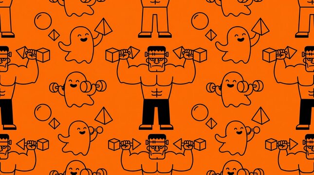 Funny Halloween fitness seamless pattern with monster and ghosts lifting weights