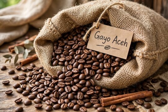 Gayo Aceh coffee beans burlap sack with handwritten tag authentic
