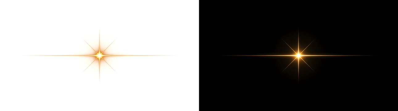 Gold Sparkle Star single glowing four point star flare with a thin horizontal light streak ideal for minimal designs in PNG, Transparent and Black Background Versions