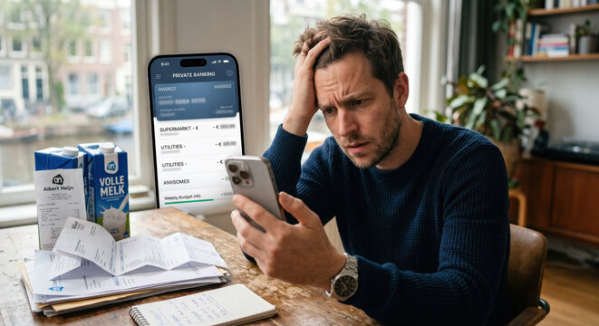 Man reviews fintech mobile app; budgeting, payments, security, compliance; cohort analysis of spend.