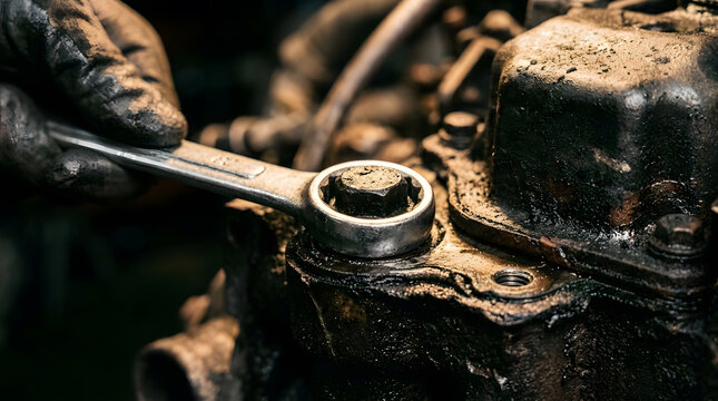 Mechanic using a wrench to tighten a bolt on a greasy car engine block in a professional workshop setting, close up shot showing manual labor, industrial maintenance, and automotive repair service