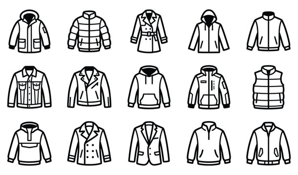 Set of fifteen assorted winter and autumn jacket icons in a thin line art style with winter clothes clothing icons fashion design