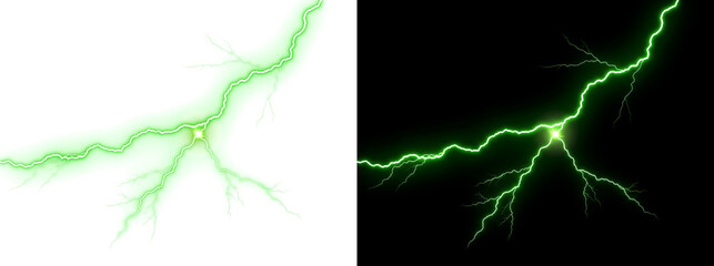 Green lightning bolt striking with branching electric energy and glowing spark for dramatic power effect designs presenting PNG, Transparent and Black Background Versions © Shadowfax