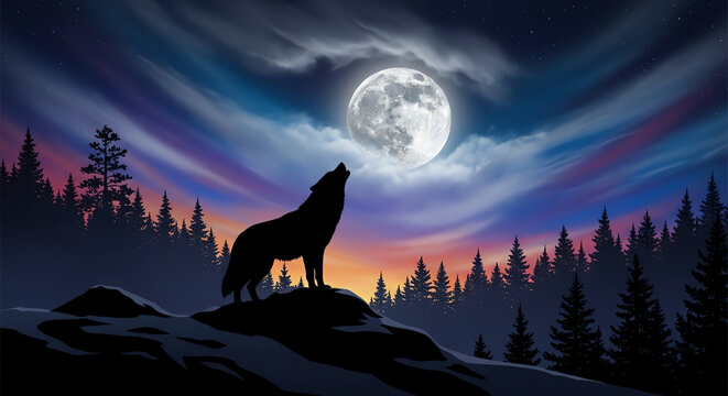 A majestic silhouette of a wolf howling at a bright full moon in a colorful night forest landscape