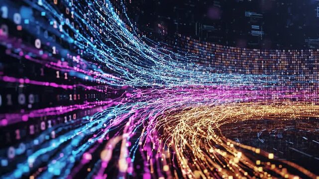 Abstract big data visualization with colorful data streams, binary code, analytics, machine learning, data processing, and digital network technology background.