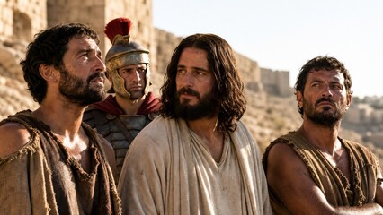 Obraz premium Jesus with disciples and Roman soldier in historical desert landscape. Biblical scene with men in ancient attire looking thoughtfully