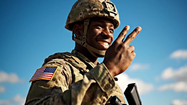 A smiling soldier wearing camouflage gear stands under blue sky