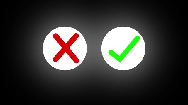 pop-up green check mark and red cross X symbol. Green check mark and red cross mark icon animation on dark background