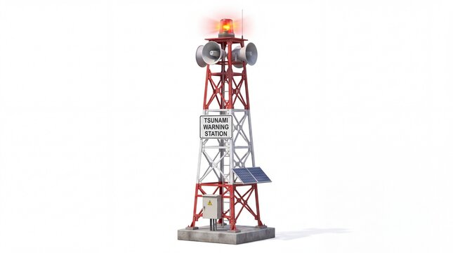 Red and White Metal Tsunami Warning Tower with Rotating Emergency Beacon and Loudspeaker Sirens for Disaster Alert Systems