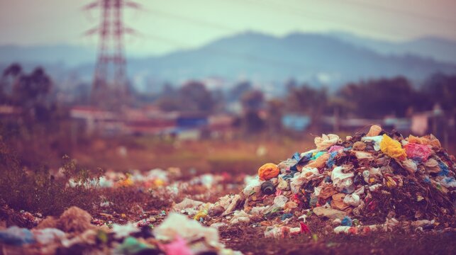 Overflowing landfill site with heaps of waste and distant industrial landscape