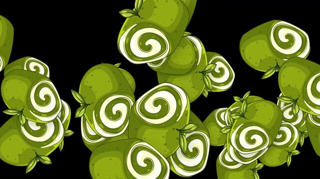 Animated Green Matcha Swiss Roll Cakes Bursting Across Black Background
