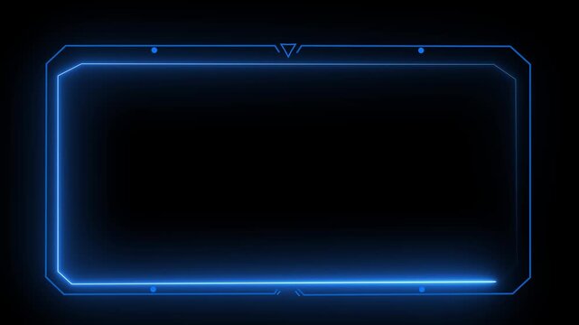 Glowing blue neon HUD rectangular frame line animation on black background, futuristic tech border concept