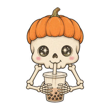 Cute skeleton wearing pumpkin hat drinking boba tea kawaii