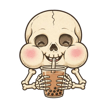 Cute chubby cheeks skeleton drinking boba tea funny kawaii
