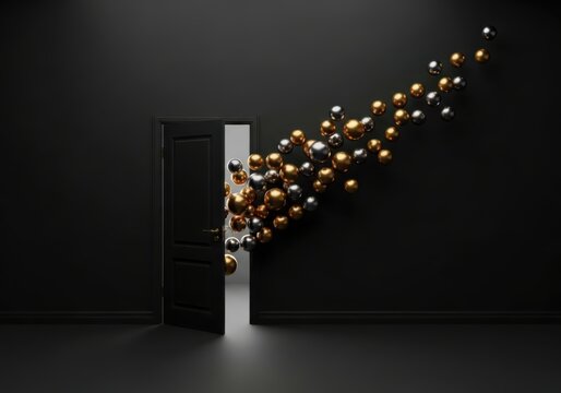 3d abstract composition of golden and silver spheres flowing from a door