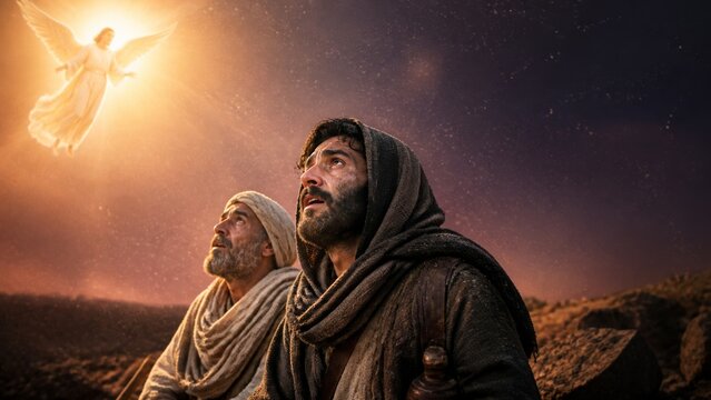 Shepherds gaze upwards at a bright, radiant angel descending from the night sky, symbolizing divine revelation