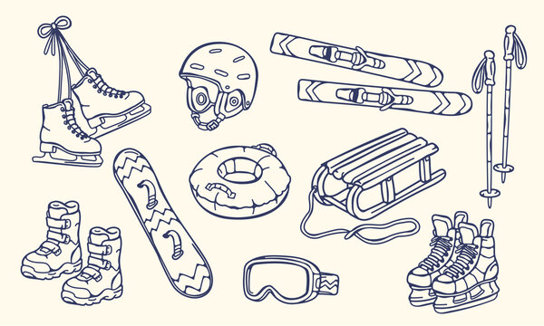 Winter Sports and Snow Activities Line Art Set, Hand Drawn Skiing, Snowboarding, Ice Skating and Sledding Elements for Seasonal Outdoor Graphics