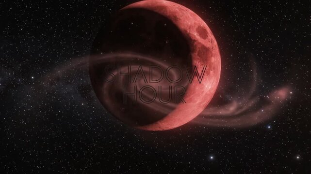 Red Crescent Blood Moon Surrounded by Swirling Spiral Galaxy in Deep Space